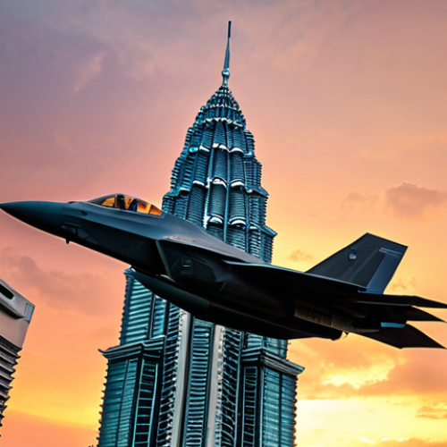 Home 11 A sleek F-35 Lightning II fighter jet with radar-absorbing material (RAM) coating, flying over Kuala Lumpur's Petronas Twin Towers during sunset.