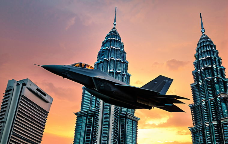 A sleek F-35 Lightning II fighter jet with radar-absorbing material (RAM) coating, flying over Kuala Lumpur's Petronas Twin Towers during sunset.